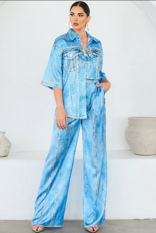 Denim Effect Shirts and Wide Pants Set - Image 3
