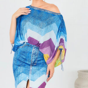 Women Denim Effected Cropped Blouse & Slit Skirt Set